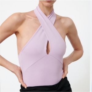 Zara Cross Over Halter Style Bodysuit Lavander Sz S NWT